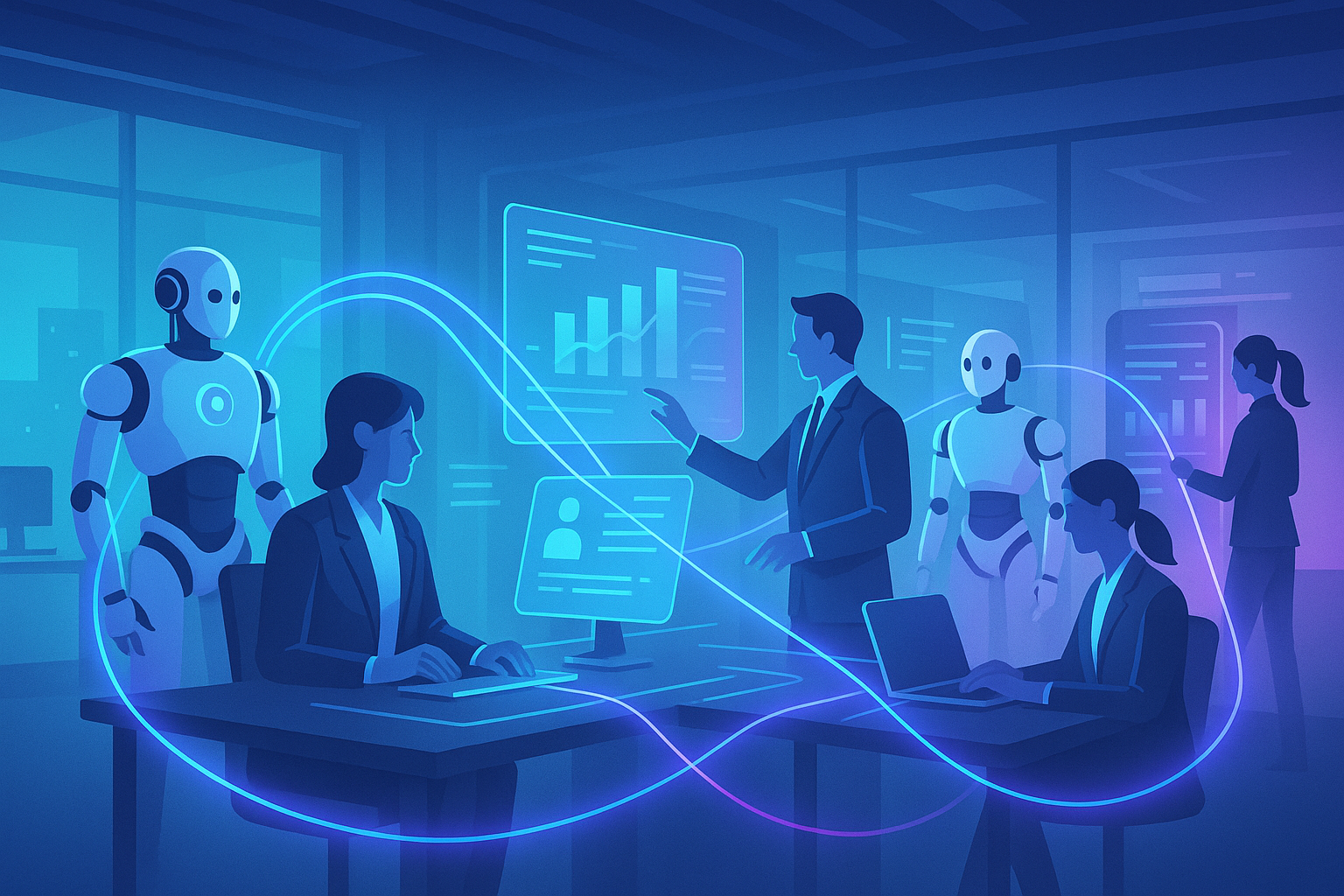 AI-automation i modernt företag med människor och intelligenta system som samarbetar