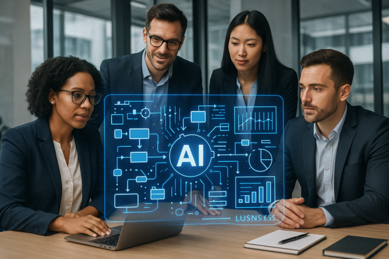 Företagsteam som arbetar med AI automation och digitala arbetsflöden